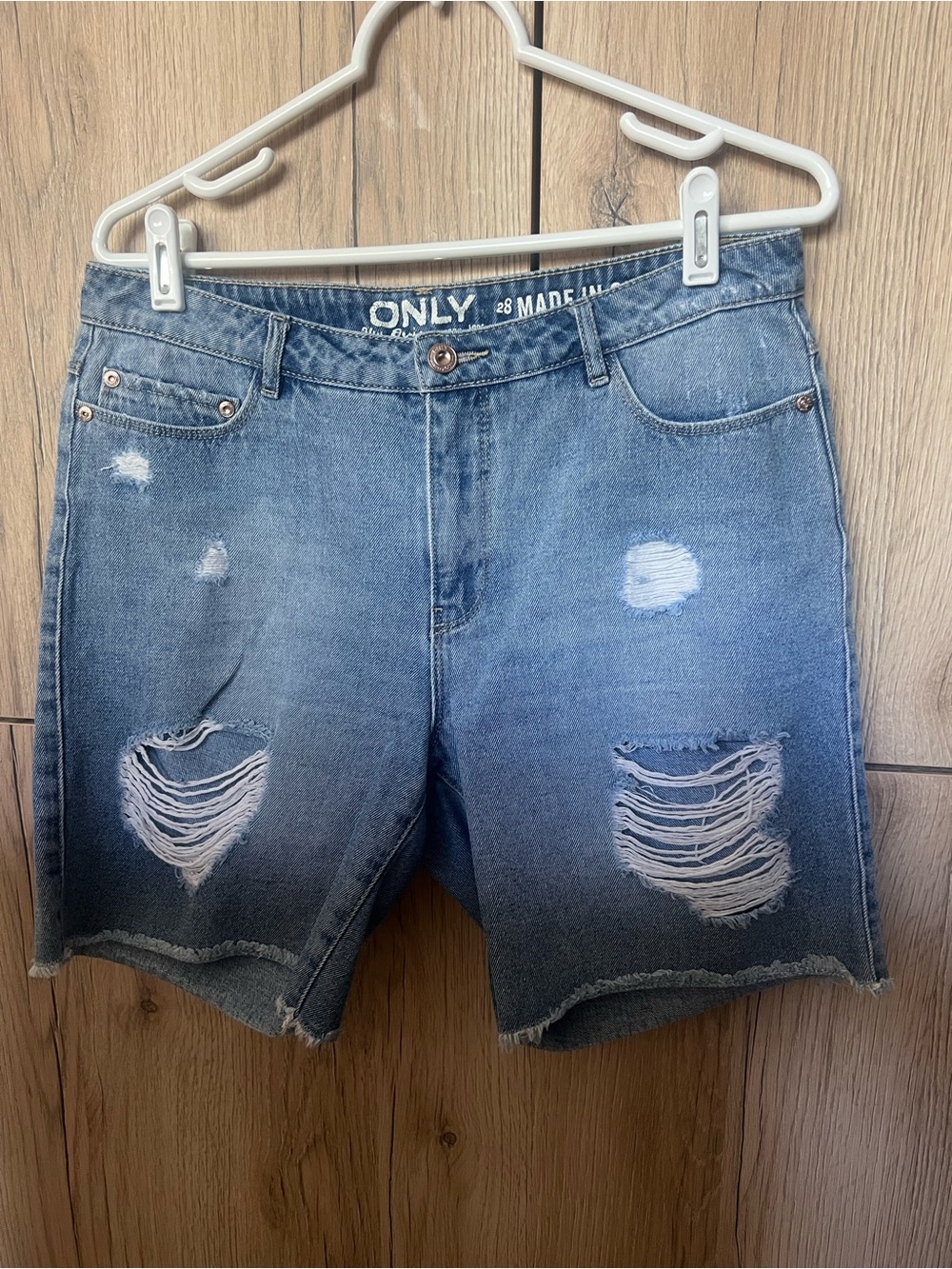 ONLY Distressed High-Rise Denim Shorts in Blue